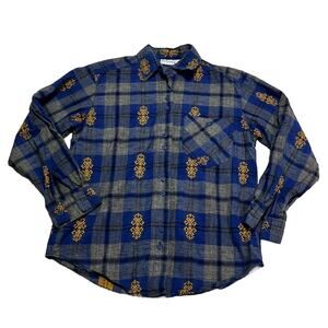 Blue Plaid Shirt Button Up Backroad Blues Small Southwestern Yellow Vintage